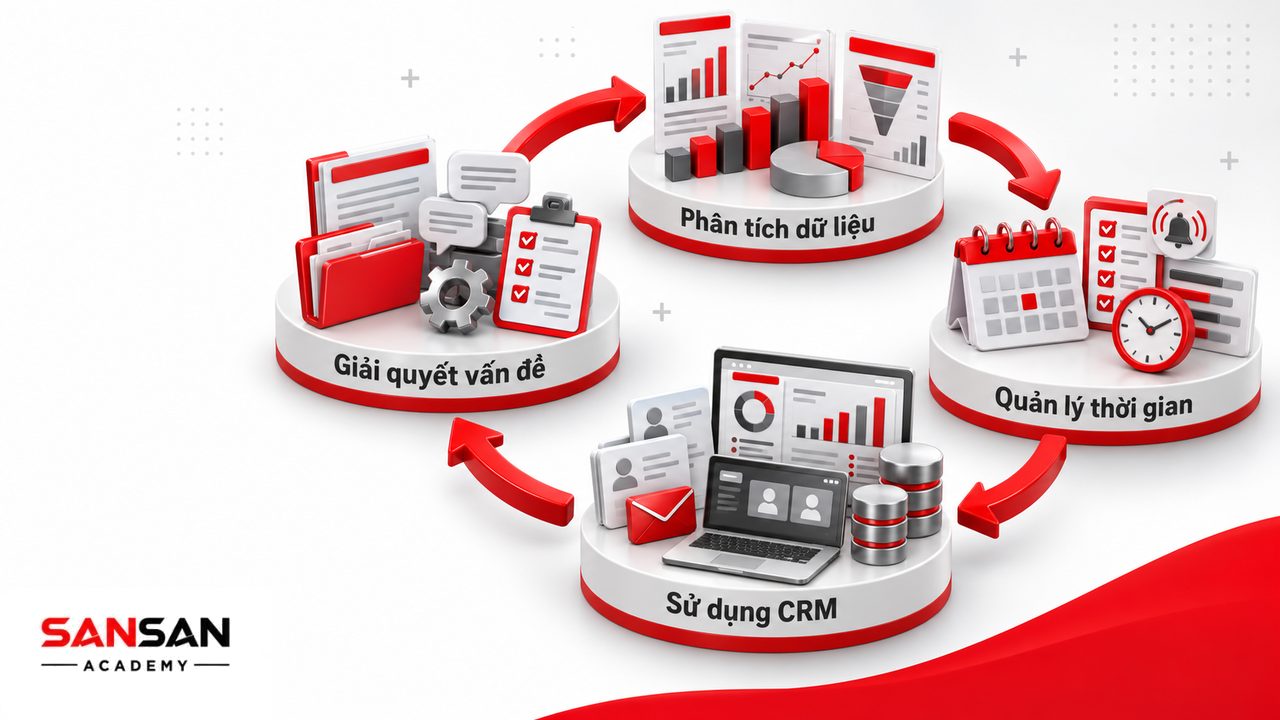 Kỹ năng chuyên viên kinh doanh về giải quyết vấn đề, phân tích dữ liệu, quản lý thời gian và sử dụng CRM cùng công cụ bán hàng.