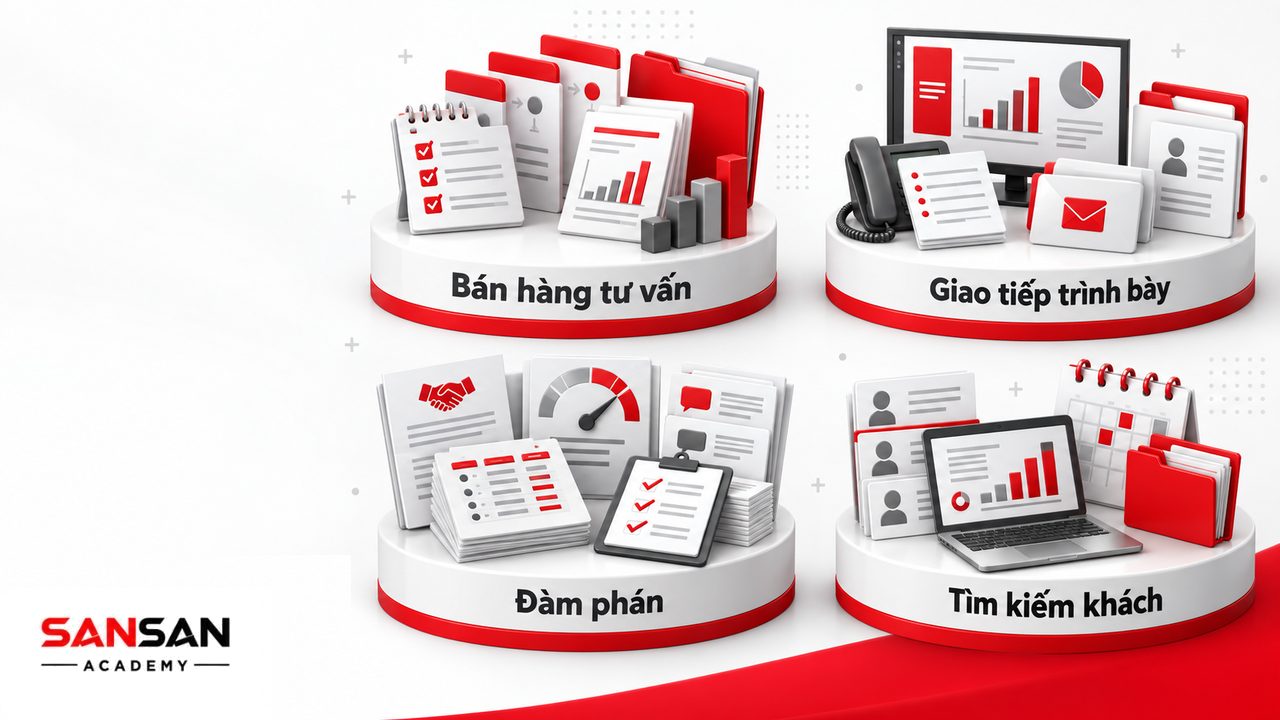 Kỹ năng chuyên viên kinh doanh gồm bán hàng, tư vấn, giao tiếp, thuyết trình, đàm phán và tìm kiếm khách hàng.