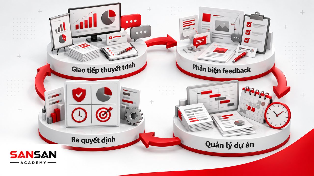 Kỹ năng Creative Director về giao tiếp, thuyết trình, phản biện, feedback, quản lý dự án và ra quyết định.