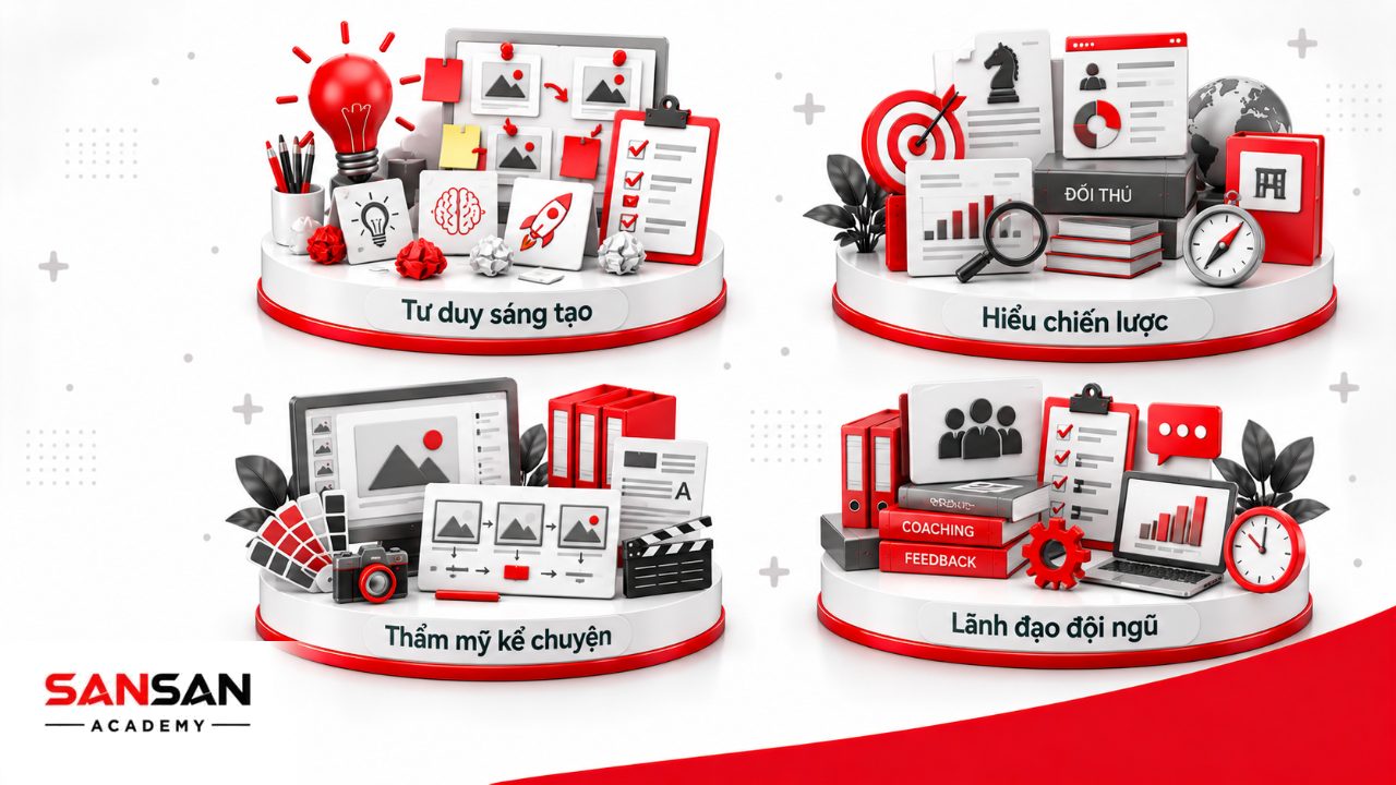 Kỹ năng Creative Director gồm tư duy sáng tạo, tư duy chiến lược, hiểu thương hiệu, thẩm mỹ, storytelling và lãnh đạo đội ngũ.
