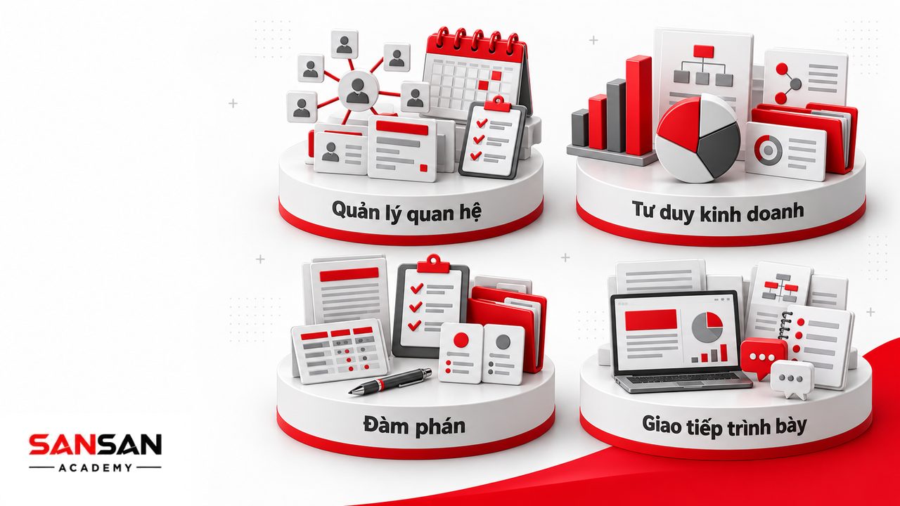 Kỹ năng Key Account Manager gồm quản lý quan hệ, tư duy kinh doanh, đàm phán, giao tiếp và thuyết trình.