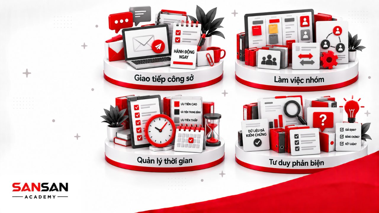 Kỹ năng mềm văn phòng gồm giao tiếp viết, làm việc nhóm, quản lý thời gian và tư duy phản biện trong xử lý công việc.