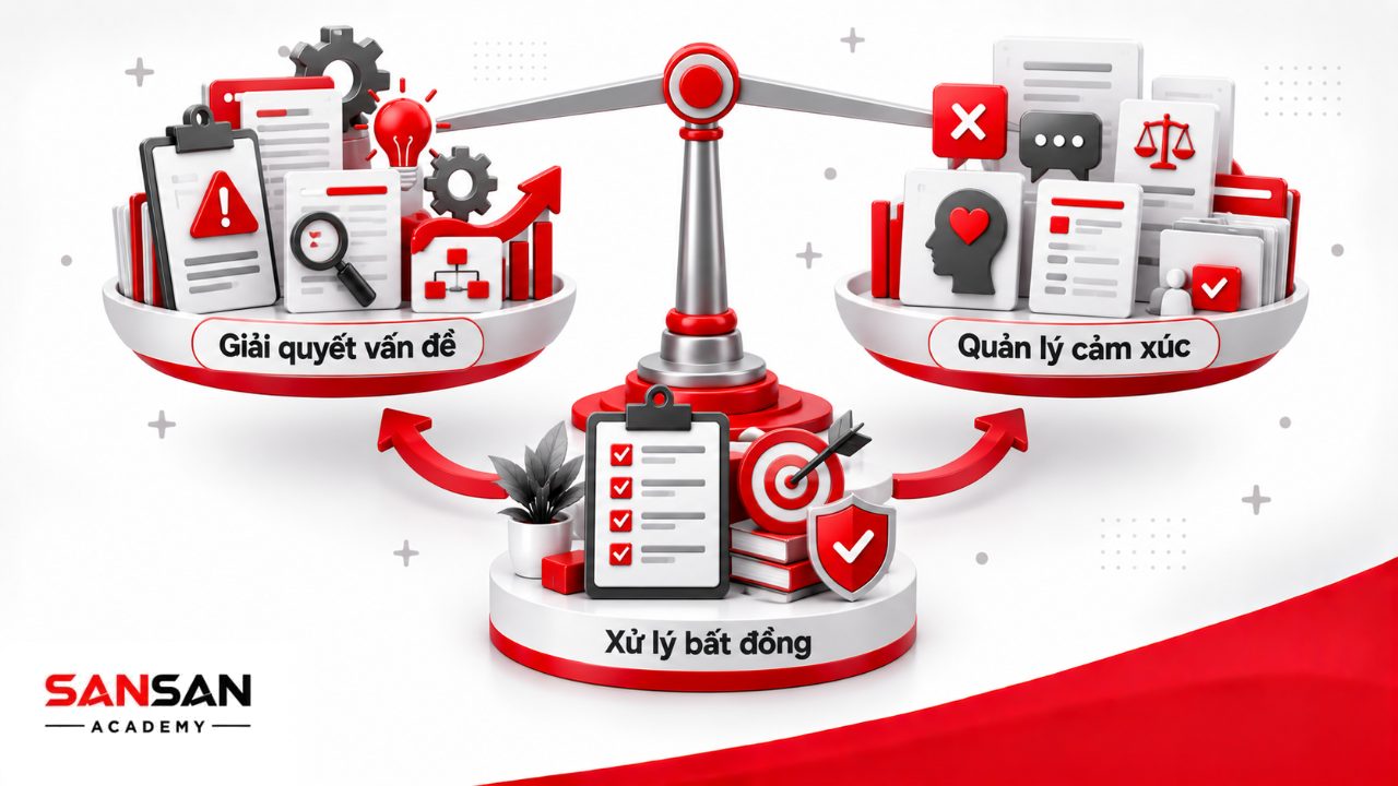 Kỹ năng mềm văn phòng về giải quyết vấn đề, quản lý cảm xúc và xử lý bất đồng dựa trên dữ liệu và mục tiêu công việc.