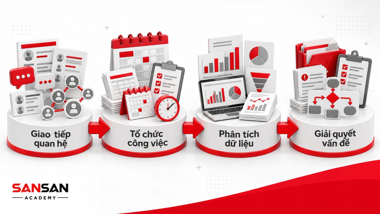 Kỹ năng người làm nhân sự gồm giao tiếp, tổ chức công việc, phân tích dữ liệu và giải quyết tình huống nhân sự.