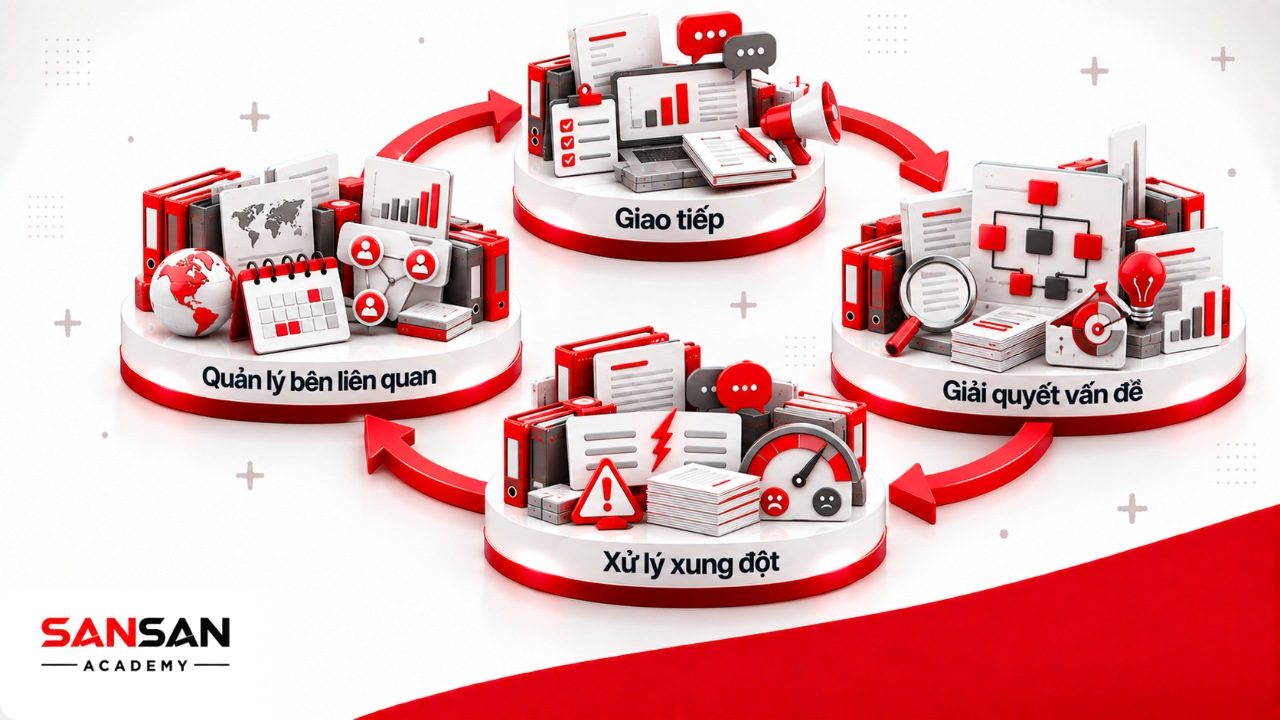 Kỹ năng Senior Manager về giao tiếp, giải quyết vấn đề, xử lý xung đột, ngoại ngữ và làm việc với nhiều bên liên quan.