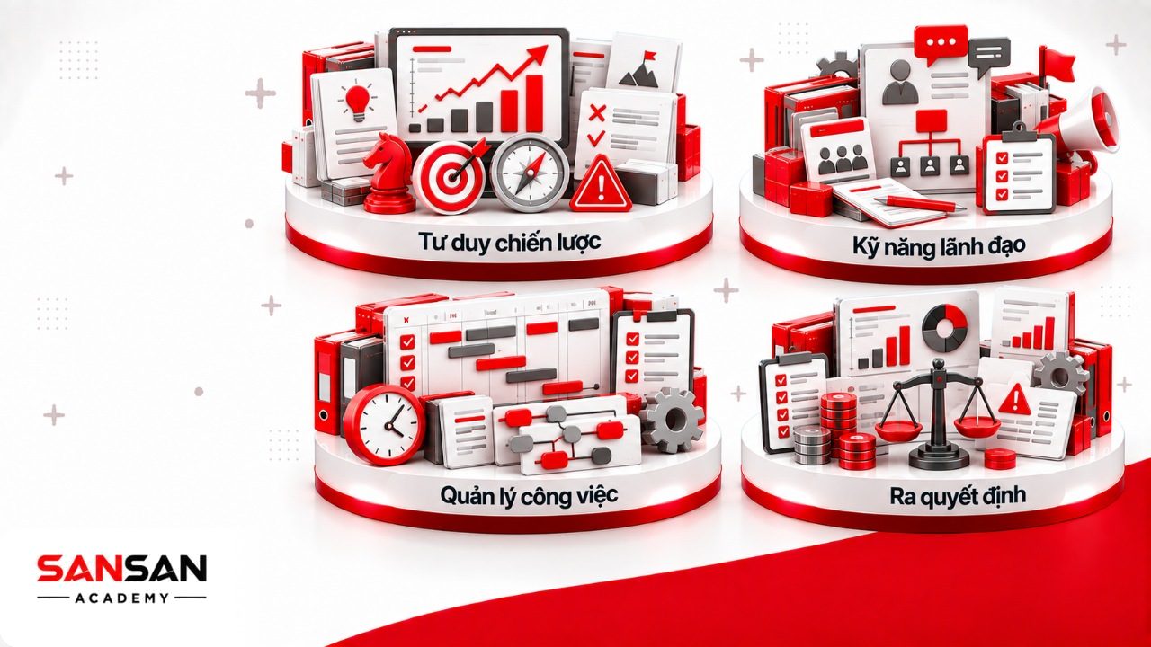 Kỹ năng Senior Manager gồm tư duy chiến lược, lãnh đạo, quản lý công việc và ra quyết định dựa trên dữ liệu cùng nguồn lực.