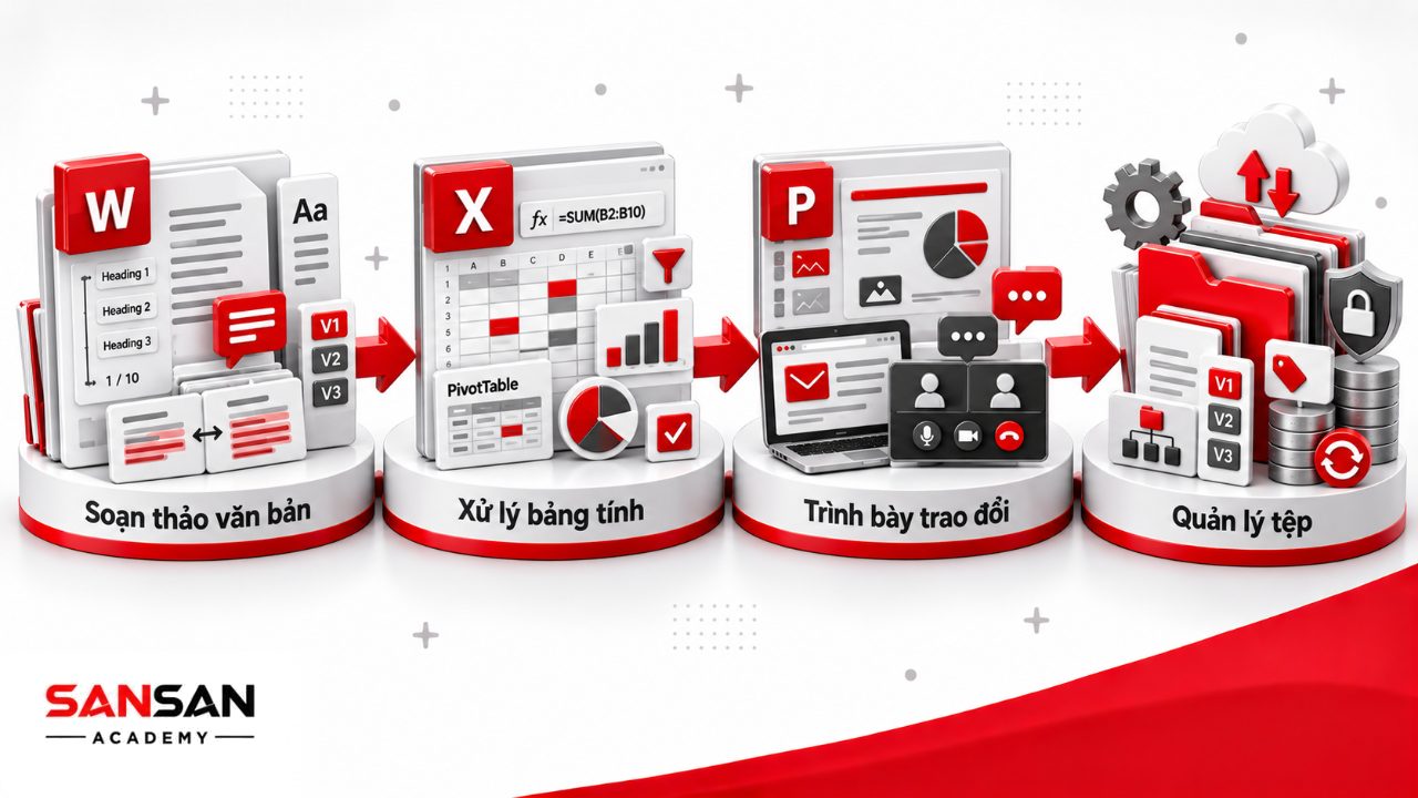Nhóm kỹ năng văn phòng về Word, Excel, PowerPoint, email, công cụ cộng tác và quản lý tệp dữ liệu.