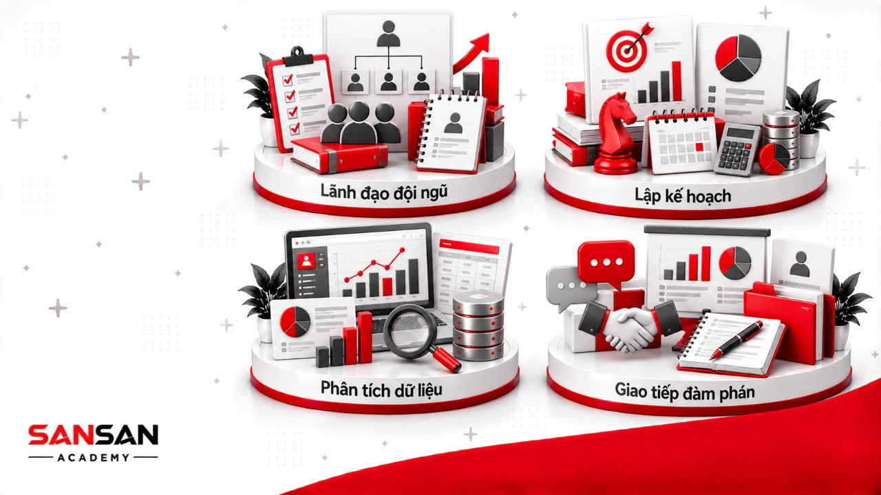 Kỹ năng trưởng phòng kinh doanh gồm lãnh đạo, lập kế hoạch chiến lược, phân tích dữ liệu, giao tiếp và đàm phán.