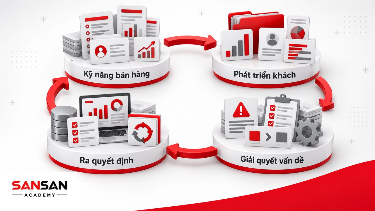 Kỹ năng trưởng phòng kinh doanh về bán hàng, phát triển khách hàng, giải quyết vấn đề và ra quyết định dựa trên tác động kinh doanh.