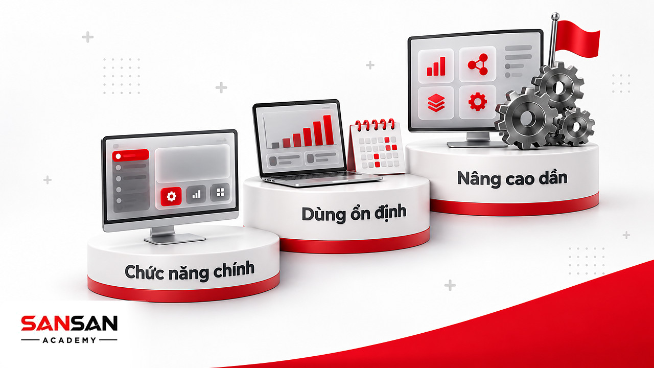 Bậc thang ba nấc từ chức năng chính, dùng ổn định đến tính năng nâng cao thể hiện kỹ năng tự học khi thích nghi