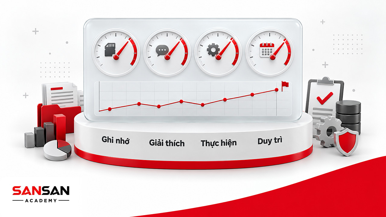 Bảng điều khiển bốn đồng hồ đo ghi nhớ, giải thích, thực hiện, duy trì cùng biểu đồ kết quả trong kỹ năng tự học