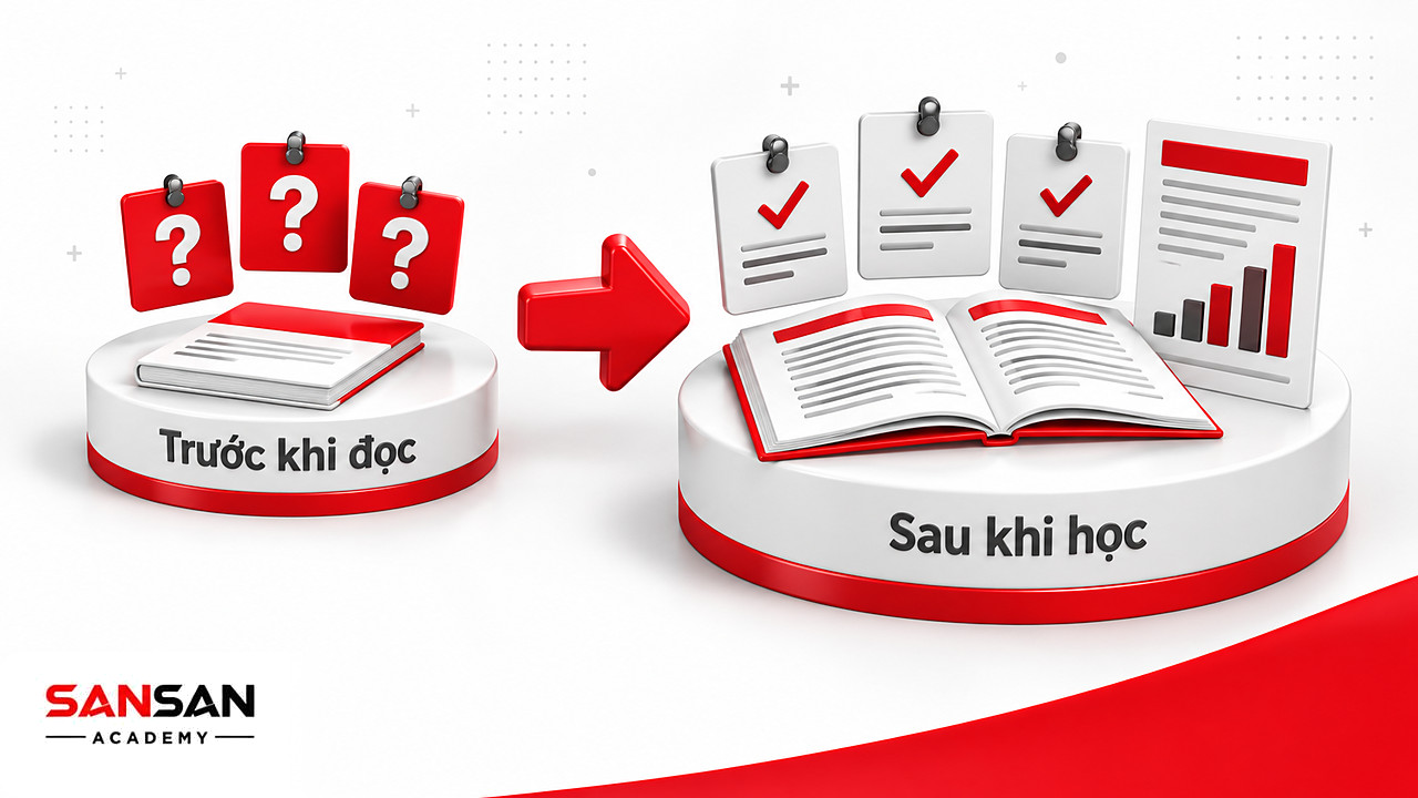 Tài liệu kèm ba thẻ câu hỏi trước khi đọc và thẻ đã có câu trả lời sau khi học, minh họa kỹ năng tự học chủ động