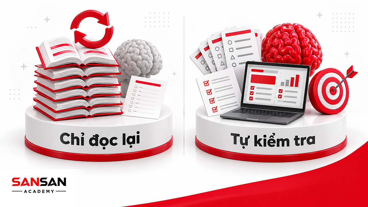 Bên trái chồng sách chỉ đọc lại, bên phải thẻ câu hỏi và bài tập tự kiểm tra, so sánh hai cách trong kỹ năng tự học