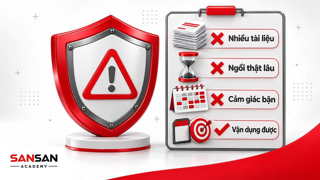 Khiên cảnh báo cạnh danh sách kiểm tra gạch bỏ chồng tài liệu, đồng hồ cát, lịch kín, nêu sai lầm trong kỹ năng tự học