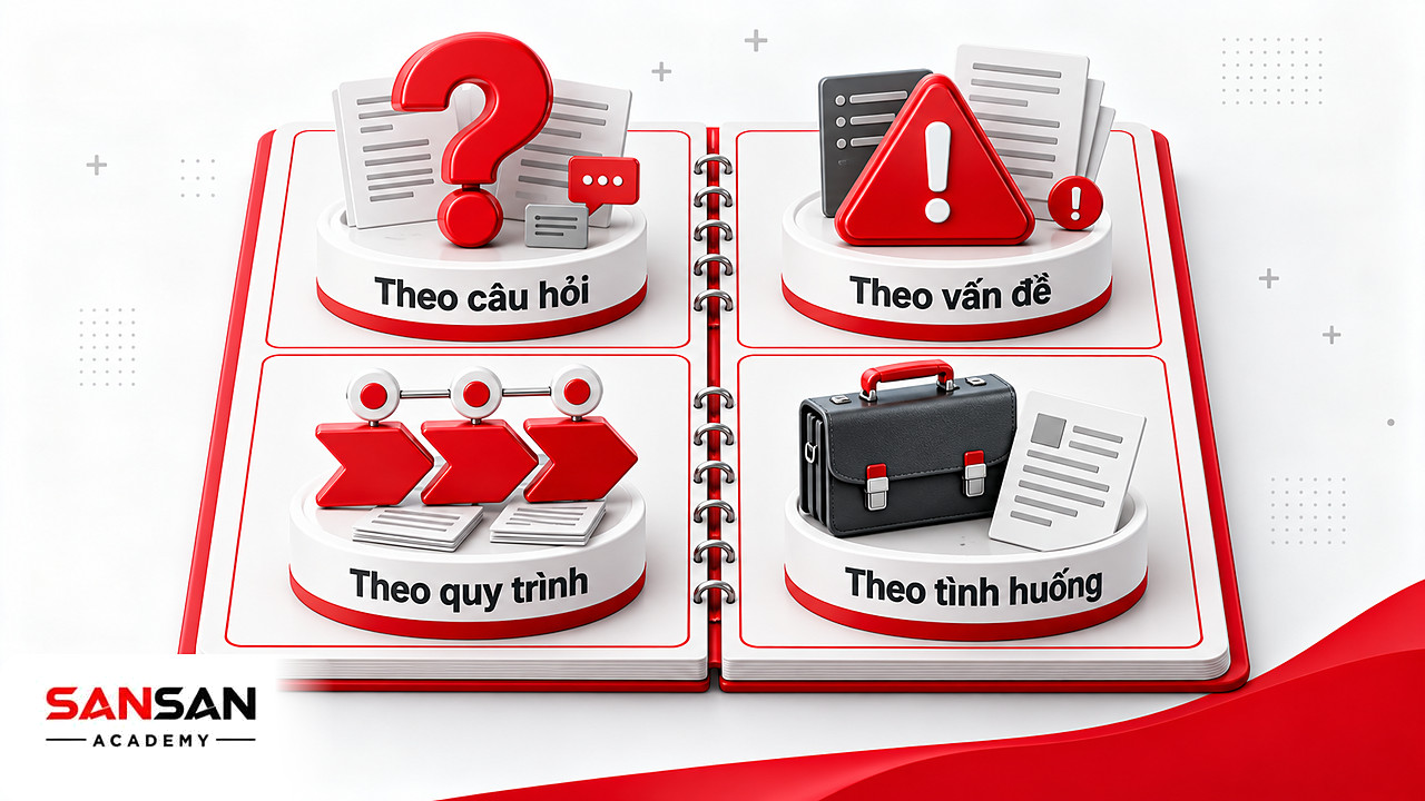 Ma trận bốn ô sắp ghi chép theo câu hỏi, vấn đề, quy trình và tình huống áp dụng trong kỹ năng tự học