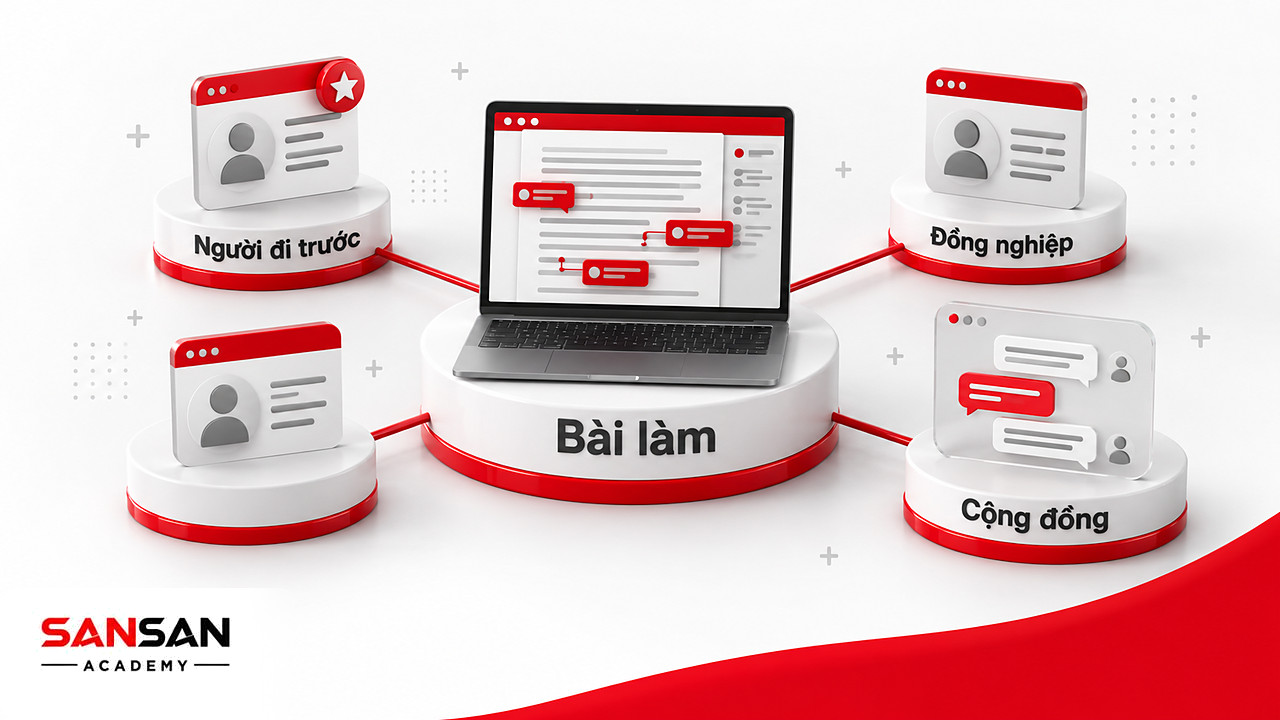 Laptop có bình luận cụ thể ở giữa, nối với hồ sơ người đi trước, đồng nghiệp và nhóm cộng đồng trong kỹ năng tự học