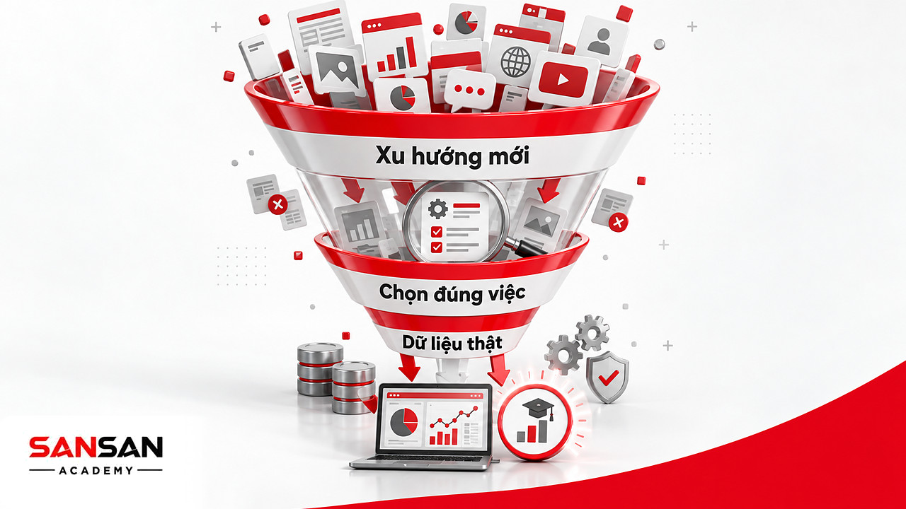 Phễu ba tầng lọc nhiều xu hướng mới, giữ công cụ đúng việc và laptop dữ liệu thật trong kỹ năng tự học