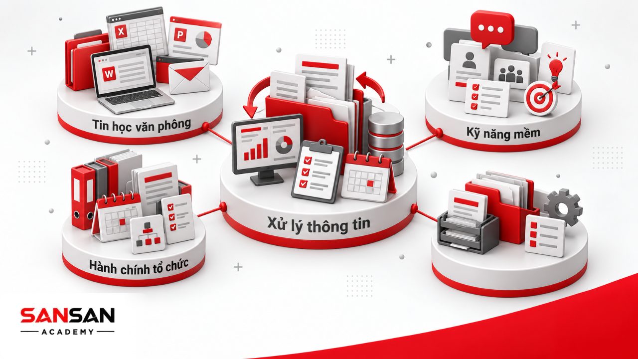 Kỹ năng văn phòng kết hợp tin học, kỹ năng mềm, hành chính tổ chức và xử lý thông tin cho nhiều vị trí công sở.