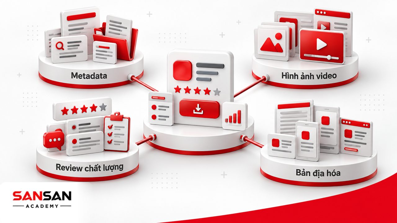 Các kỹ thuật ASO cốt lõi gồm tối ưu metadata, biểu tượng, ảnh chụp, video, đánh giá, chất lượng sản phẩm và bản địa hóa.