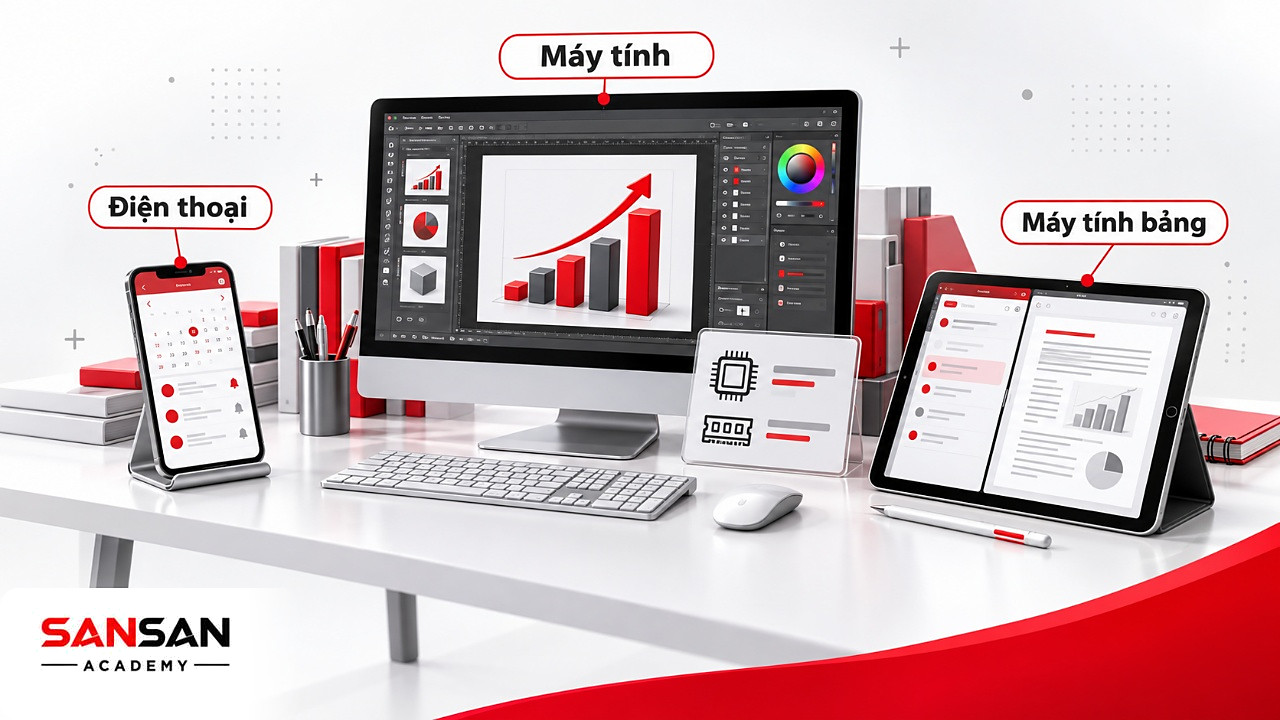 Bàn làm việc có máy tính để bàn, điện thoại lịch hẹn và máy tính bảng ghi chú, thiết bị kỹ thuật số cá nhân