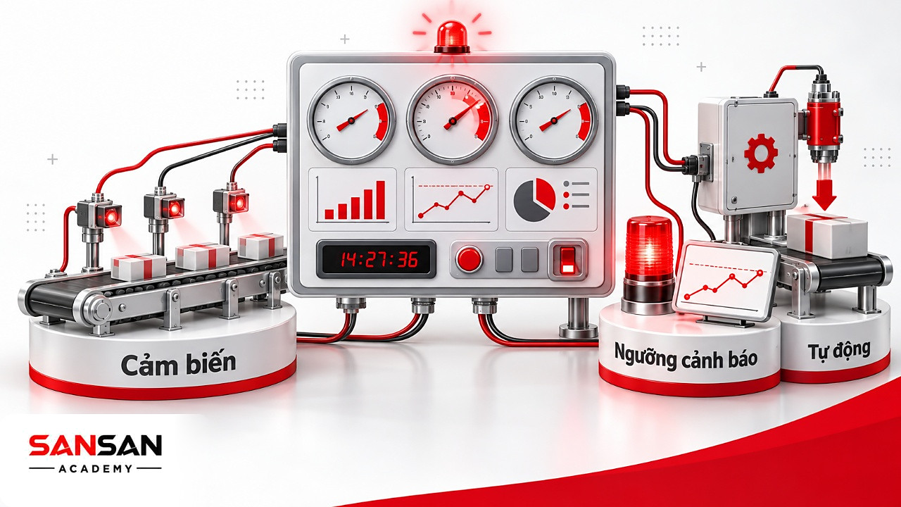 Bảng điều khiển ba đồng hồ nối cảm biến dây chuyền, một kim vượt ngưỡng đỏ, giám sát sản xuất bằng kỹ thuật số