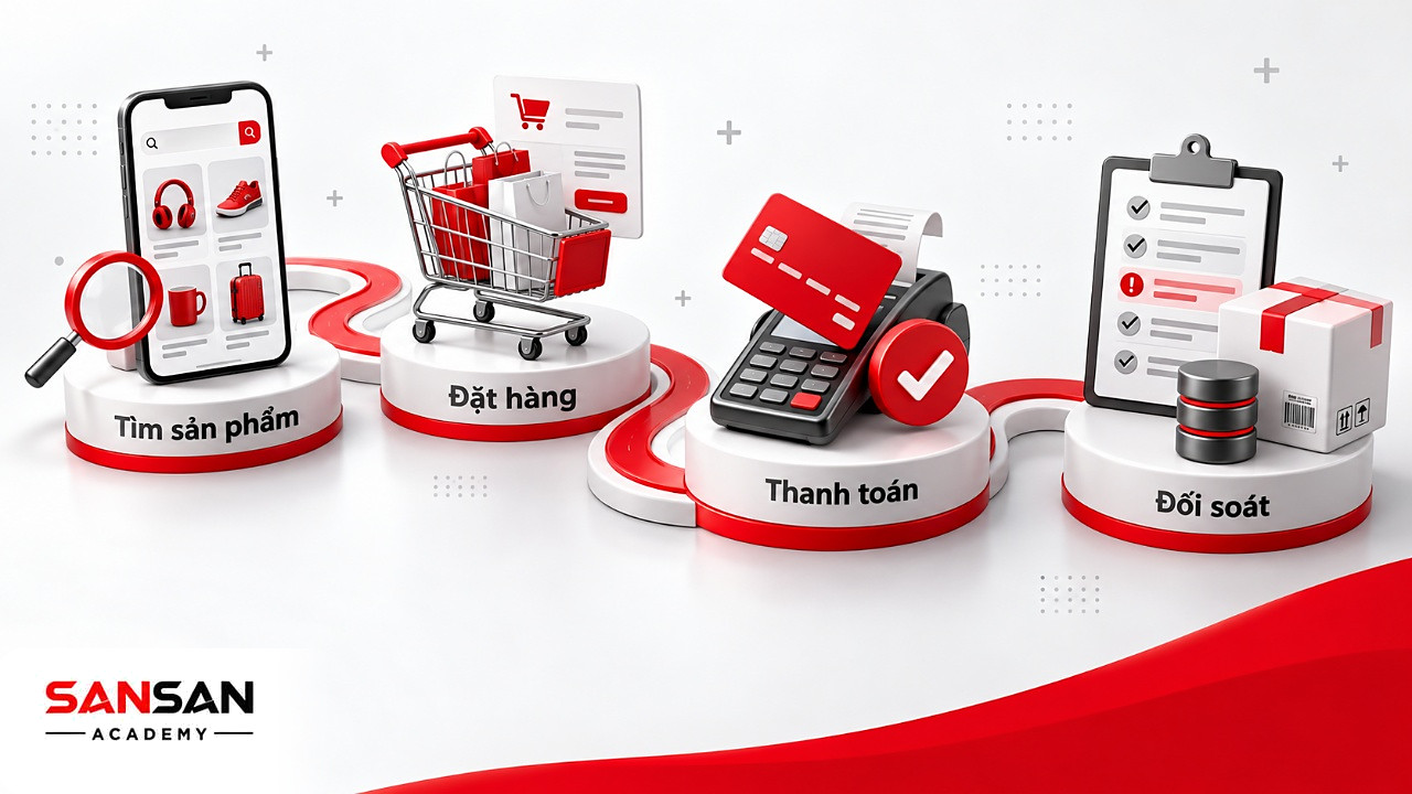 Con đường từ tìm sản phẩm, giỏ hàng, thanh toán thẻ đến sổ đối soát đơn hàng trong mua sắm kỹ thuật số