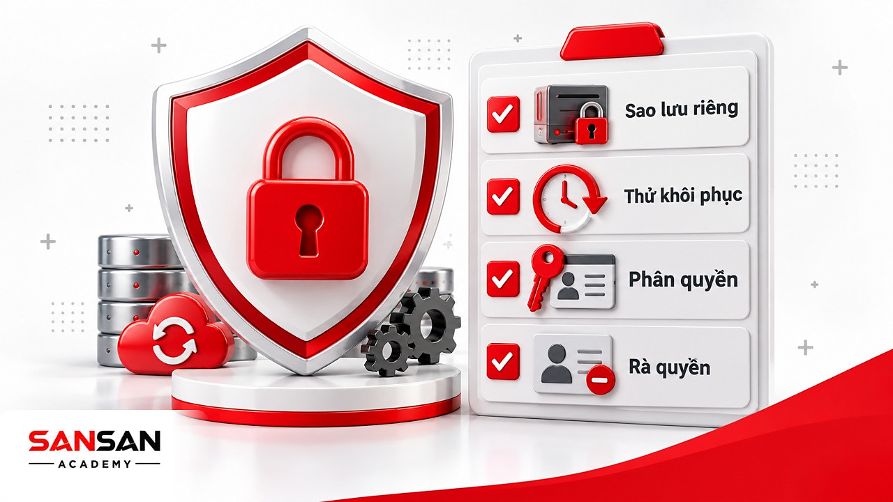 Khiên ổ khóa đỏ cạnh danh sách sao lưu riêng, thử khôi phục, phân quyền và rà quyền, bảo vệ dữ liệu kỹ thuật số