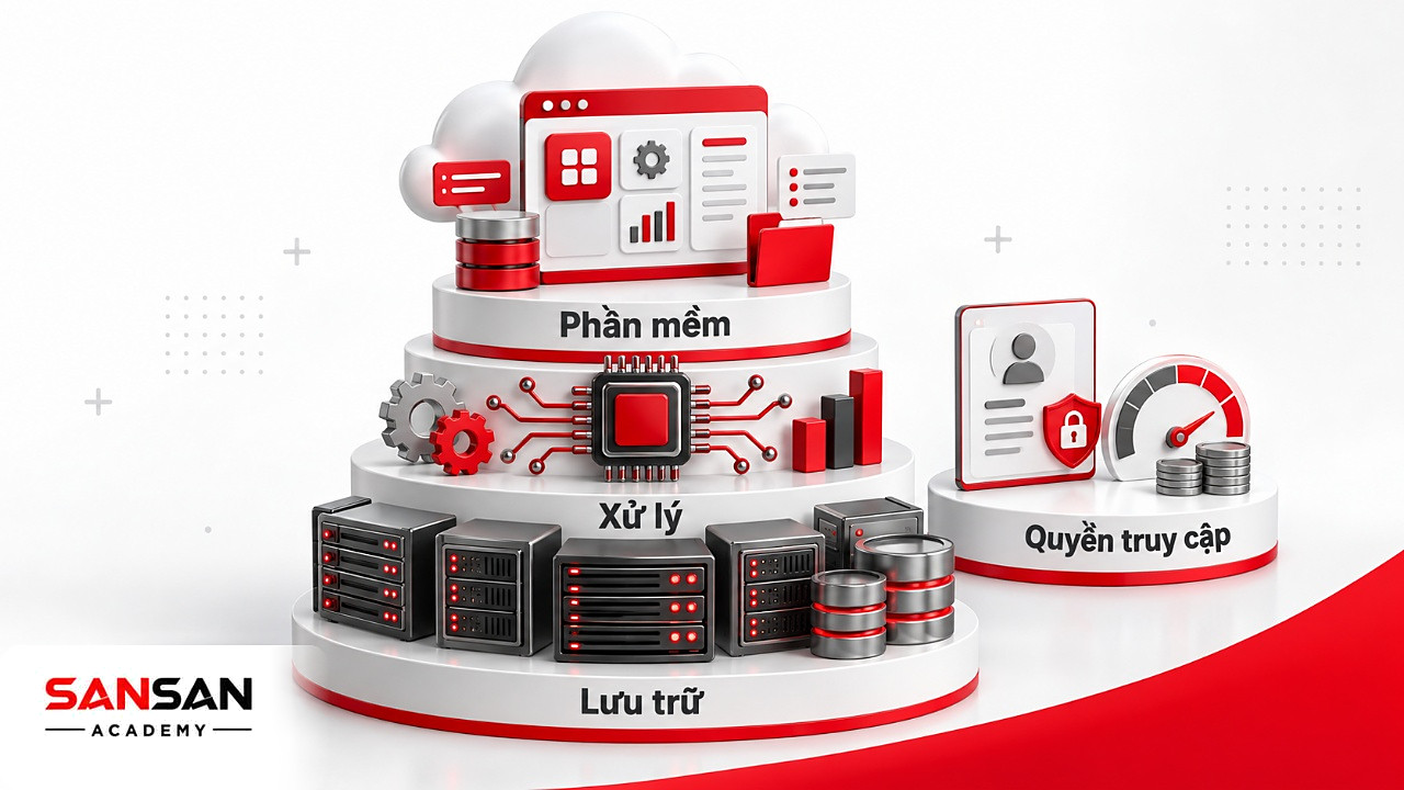 Kim tự tháp đám mây gồm máy chủ lưu trữ, chip xử lý và cửa sổ phần mềm, cạnh thẻ quyền truy cập và đồng hồ chi phí