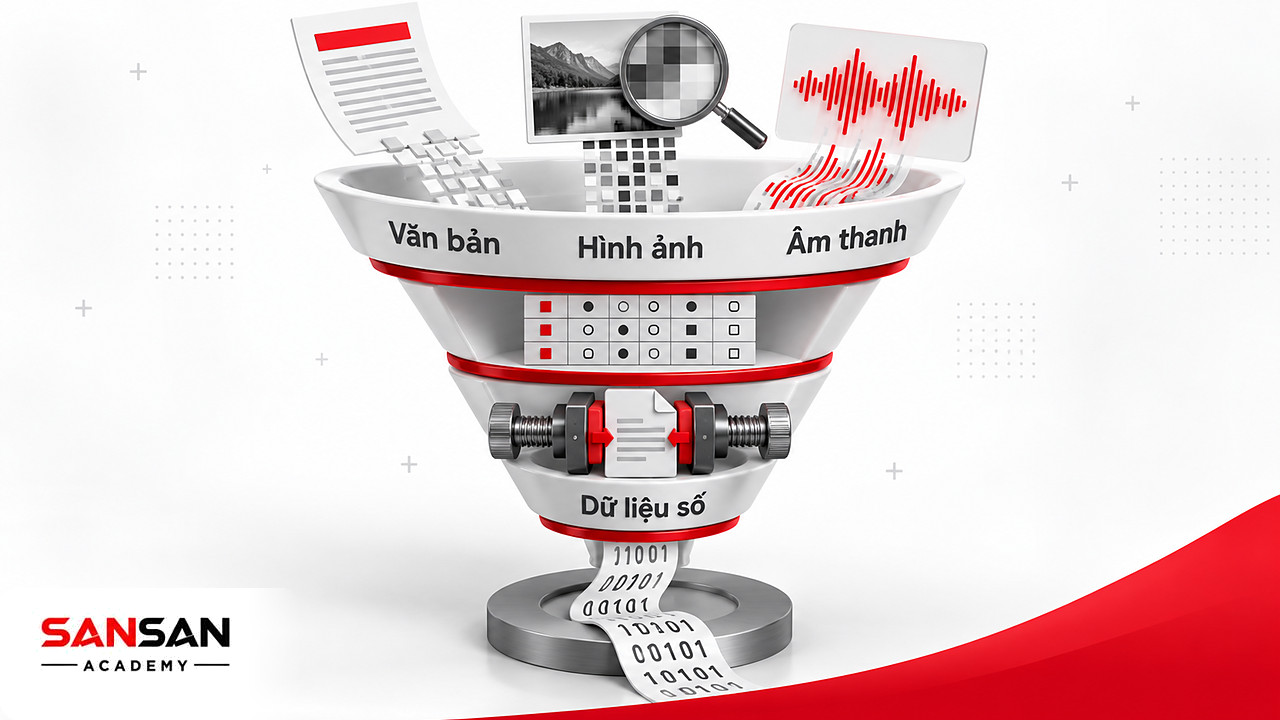 Phễu minh họa văn bản, hình ảnh và âm thanh được biểu diễn thành các giá trị dữ liệu số