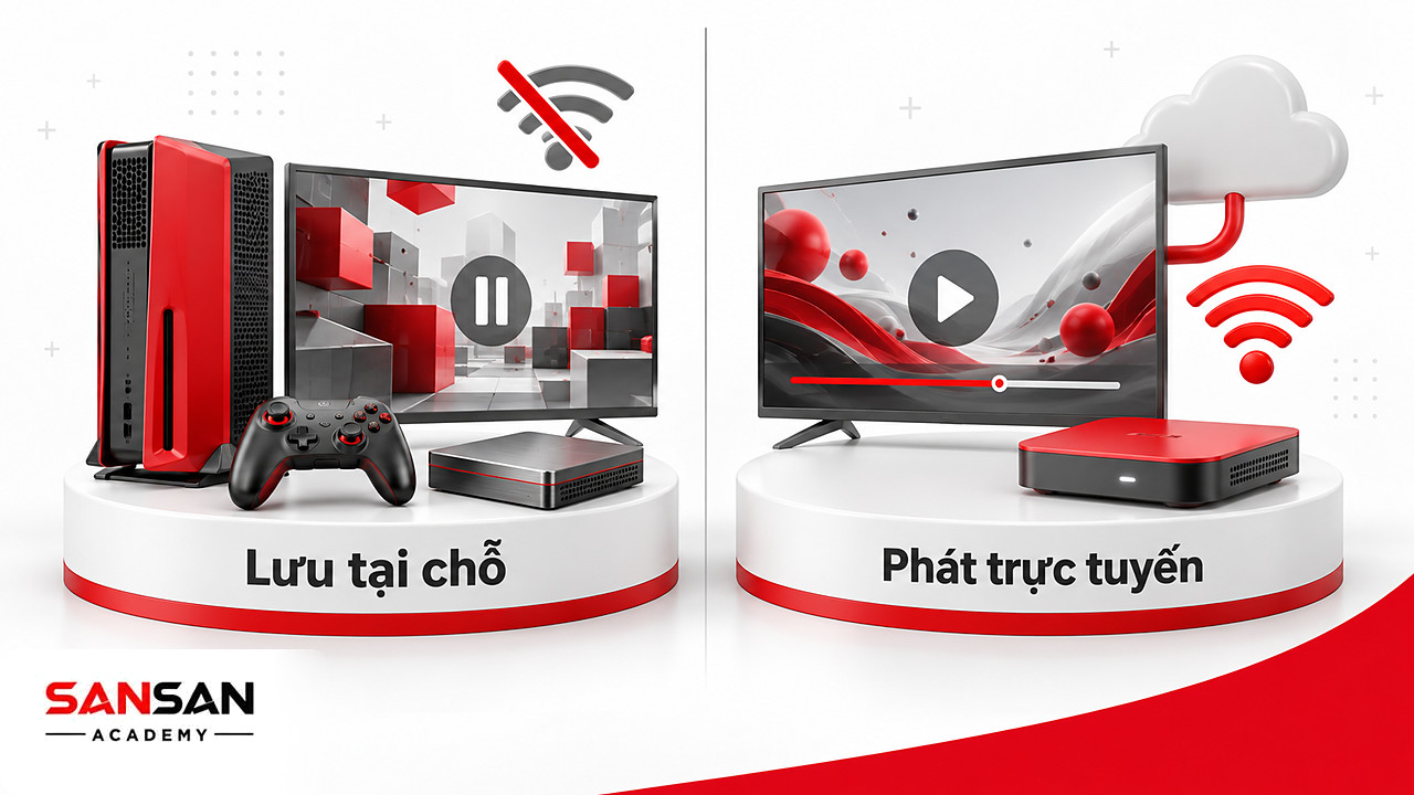 Máy chơi game lưu nội dung tại chỗ cạnh hộp phát trực tuyến có thanh tải đỏ, thiết bị giải trí kỹ thuật số