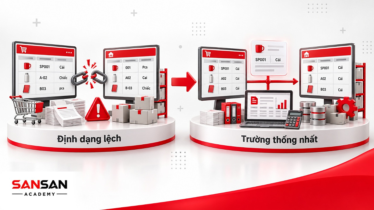 Hai màn hình lệch mã sản phẩm, rồi dữ liệu cùng định dạng chạy sang kế toán và kho, trao đổi dữ liệu kỹ thuật số