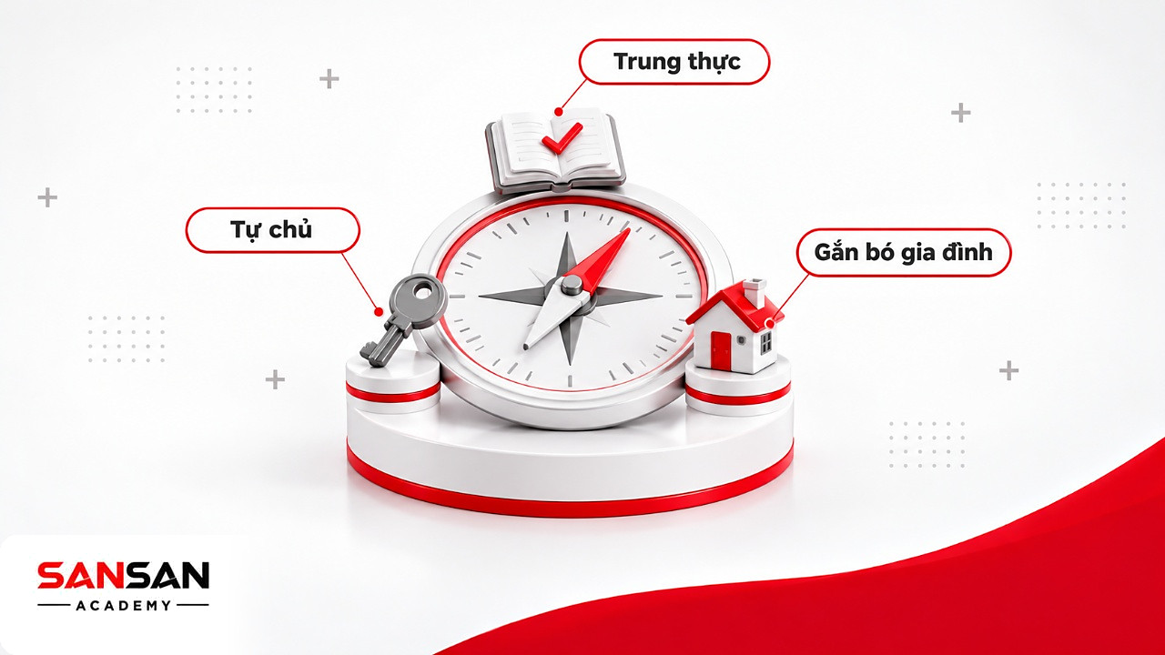La bàn giá trị bản thân với ba hướng trung thực, tự chủ và gắn bó gia đình