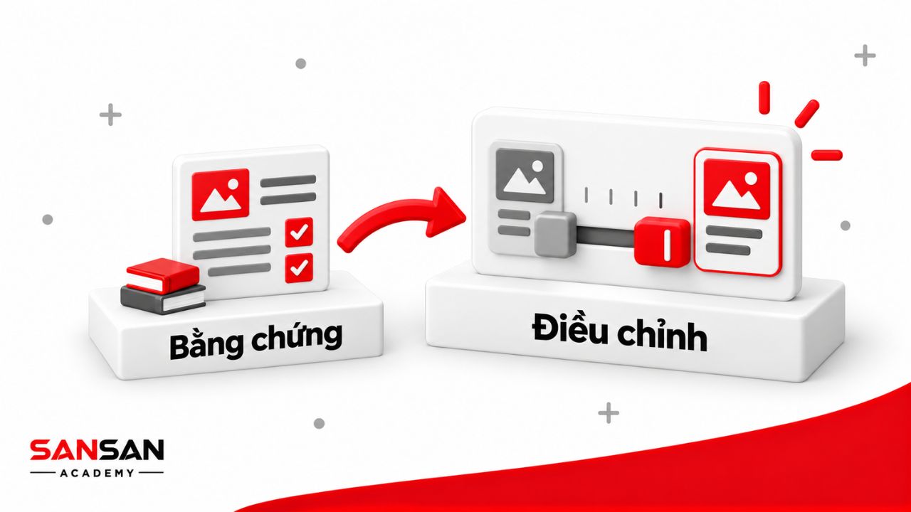 Mô hình 3D thể hiện quá trình xem xét bằng chứng và điều chỉnh quyết định dựa trên kết quả thực tế.