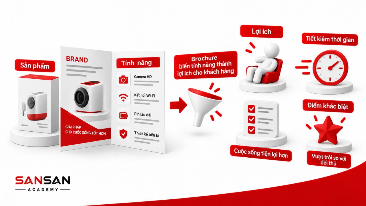Brochure liên kết tính năng với lợi ích và điểm khác biệt của sản phẩmLợi ích cần gắn với nhu cầu và điều kiện sử dụng cụ thể