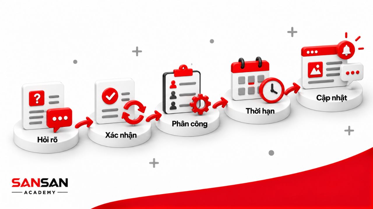 Quy trình hỏi rõ, xác nhận, phân công, thời hạn và cập nhật
