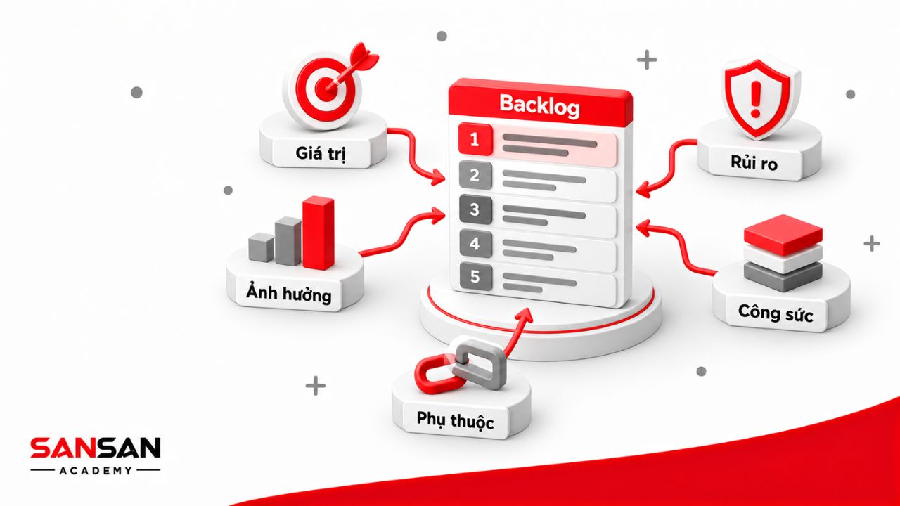 Năm yếu tố ảnh hưởng đến thứ tự ưu tiên của backlog.