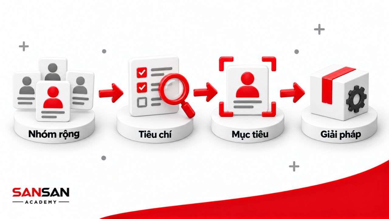 Nhóm khách hàng rộng được lọc thành một phân khúc mục tiêu.
