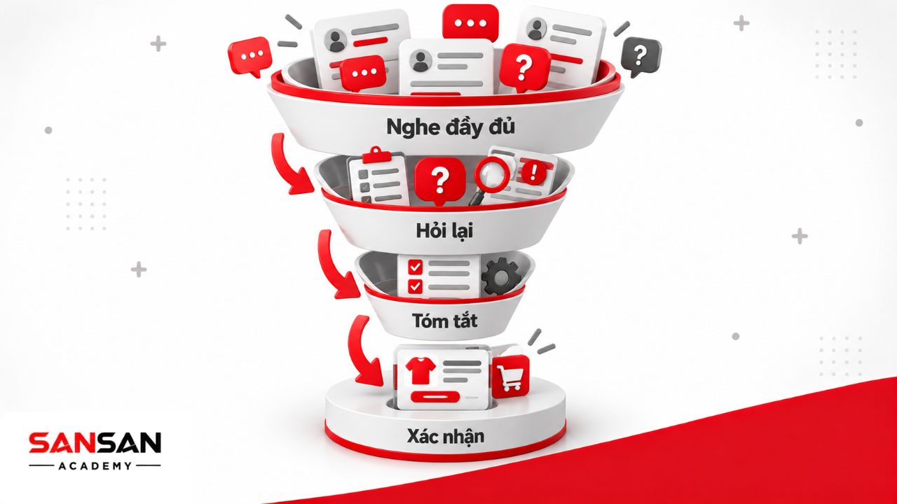 Lắng nghe khách hàng bằng cách để khách trình bày, hỏi lại điểm chưa rõ, tóm tắt và xác nhận trước khi đề xuất giải pháp.
