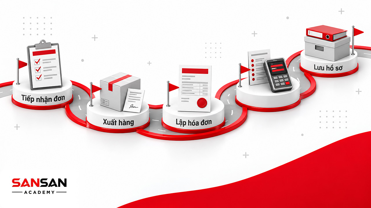 Lộ trình 5 cột mốc của quy trình kế toán bán hàng từ tiếp nhận đơn đến đối chiếu và lưu hồ sơ
