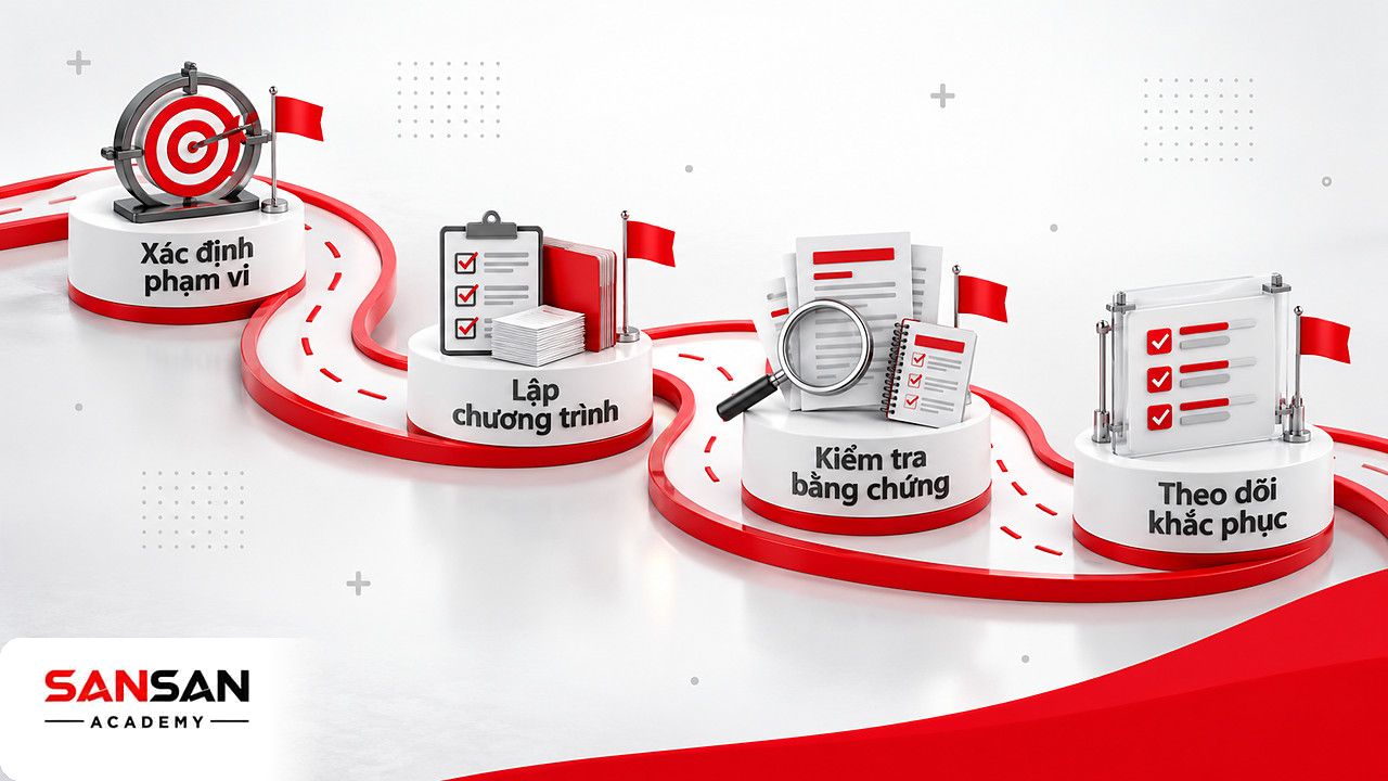 Con đường năm cột mốc mô tả quy trình kiểm toán nội bộ từ xác định phạm vi đến theo dõi khắc phục