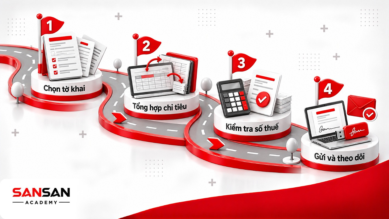 Con đường các bước làm báo cáo thuế: chọn tờ khai, tổng hợp chỉ tiêu, kiểm tra số thuế, gửi và theo dõi
