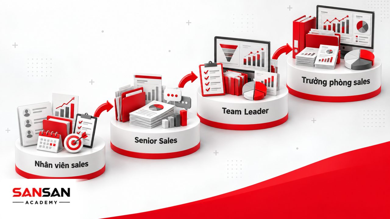 Lộ trình chuyên viên kinh doanh từ nhân viên sales lên Senior Sales, Team Leader và trưởng phòng kinh doanh.