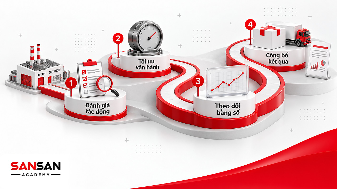 Con đường uốn lượn với các mốc đánh giá, tối ưu, theo dõi và công bố khi doanh nghiệp tham gia kinh tế xanh