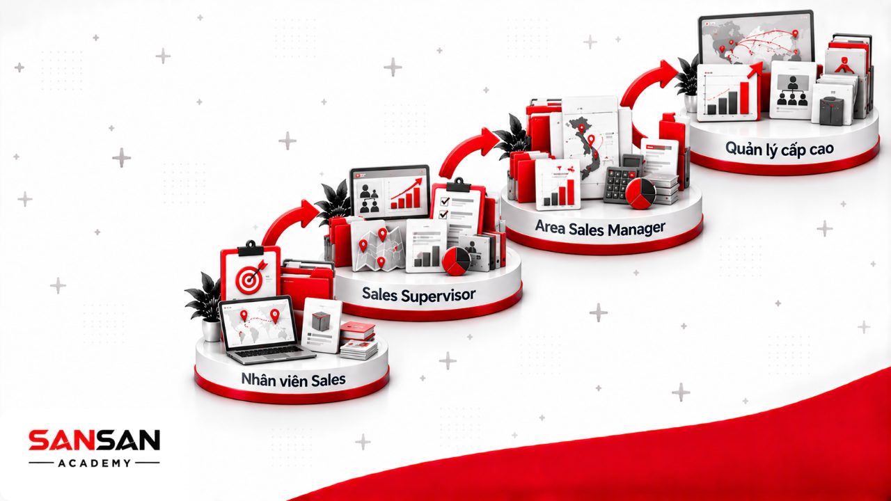 Lộ trình giám sát bán hàng từ nhân viên Sales lên Sales Supervisor, Area Sales Manager, Regional Sales Manager và Sales Director.