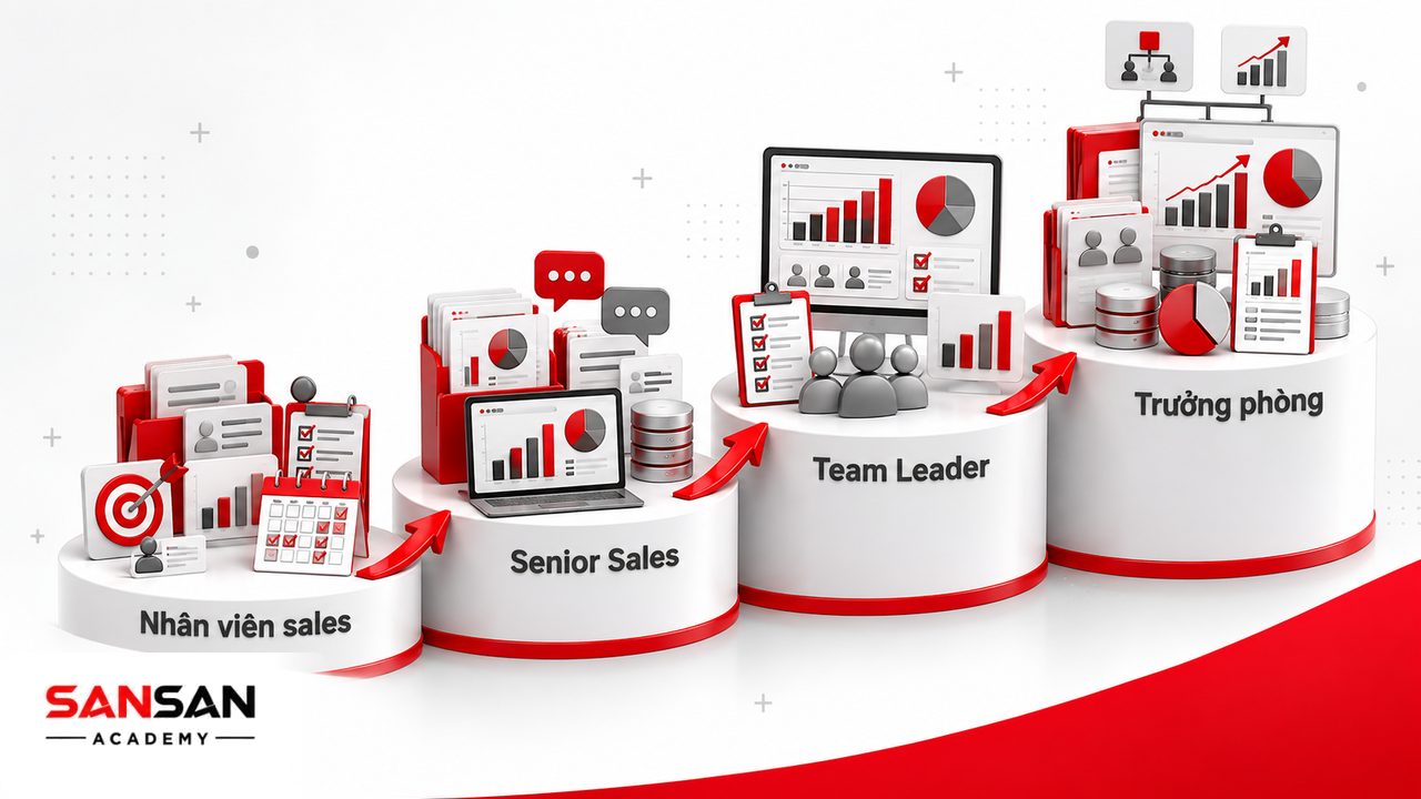 Lộ trình lên trưởng phòng kinh doanh từ nhân viên sales, Senior Sales, Team Leader đến Sales Manager và các cấp quản lý cao hơn.