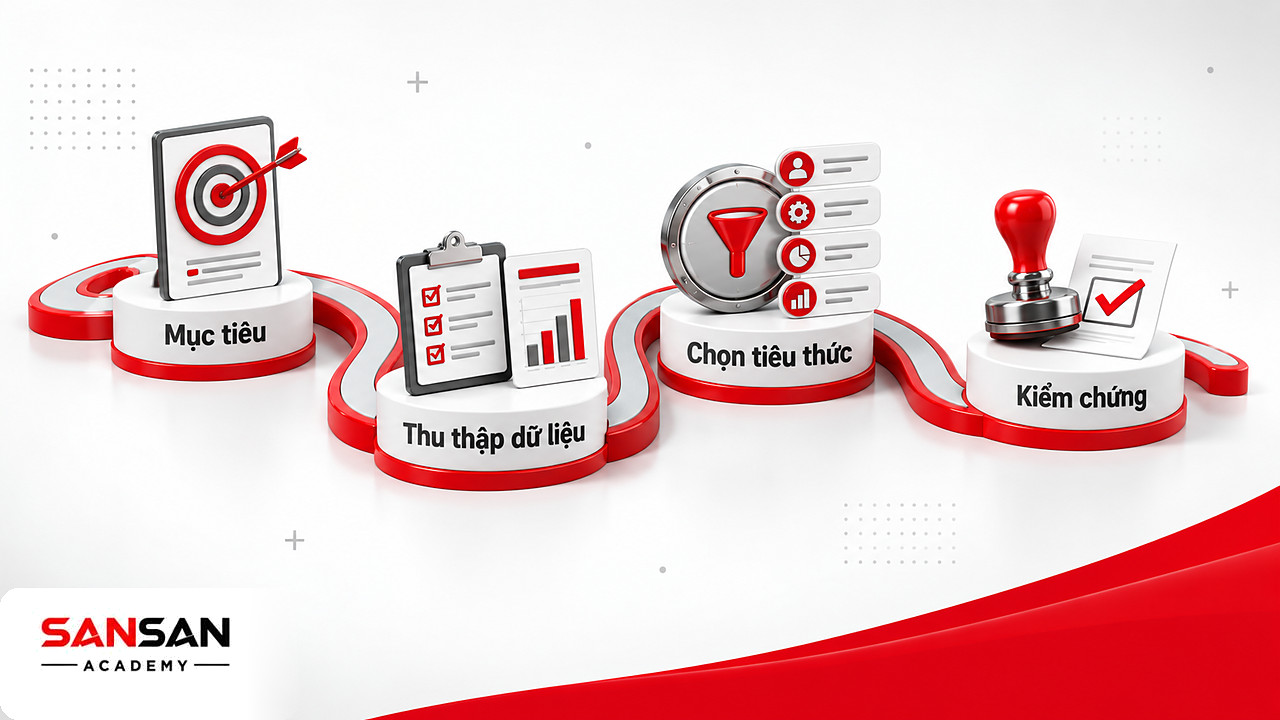 Lộ trình năm cột mốc của quy trình phân khúc thị trường từ xác định mục tiêu tới kiểm chứng