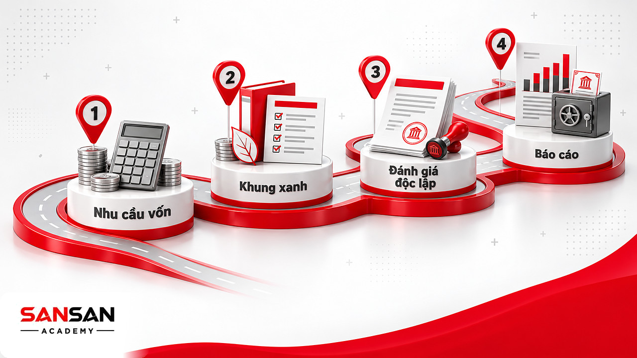 Lộ trình năm cột mốc phát hành trái phiếu xanh từ xác định nhu cầu vốn tới báo cáo sau phát hành