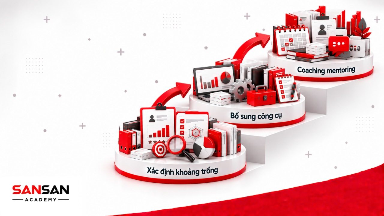 Lộ trình nâng cao năng lực quản lý cấp trung từ xác định khoảng trống, bổ sung kiến thức công cụ đến coaching và mentoring.