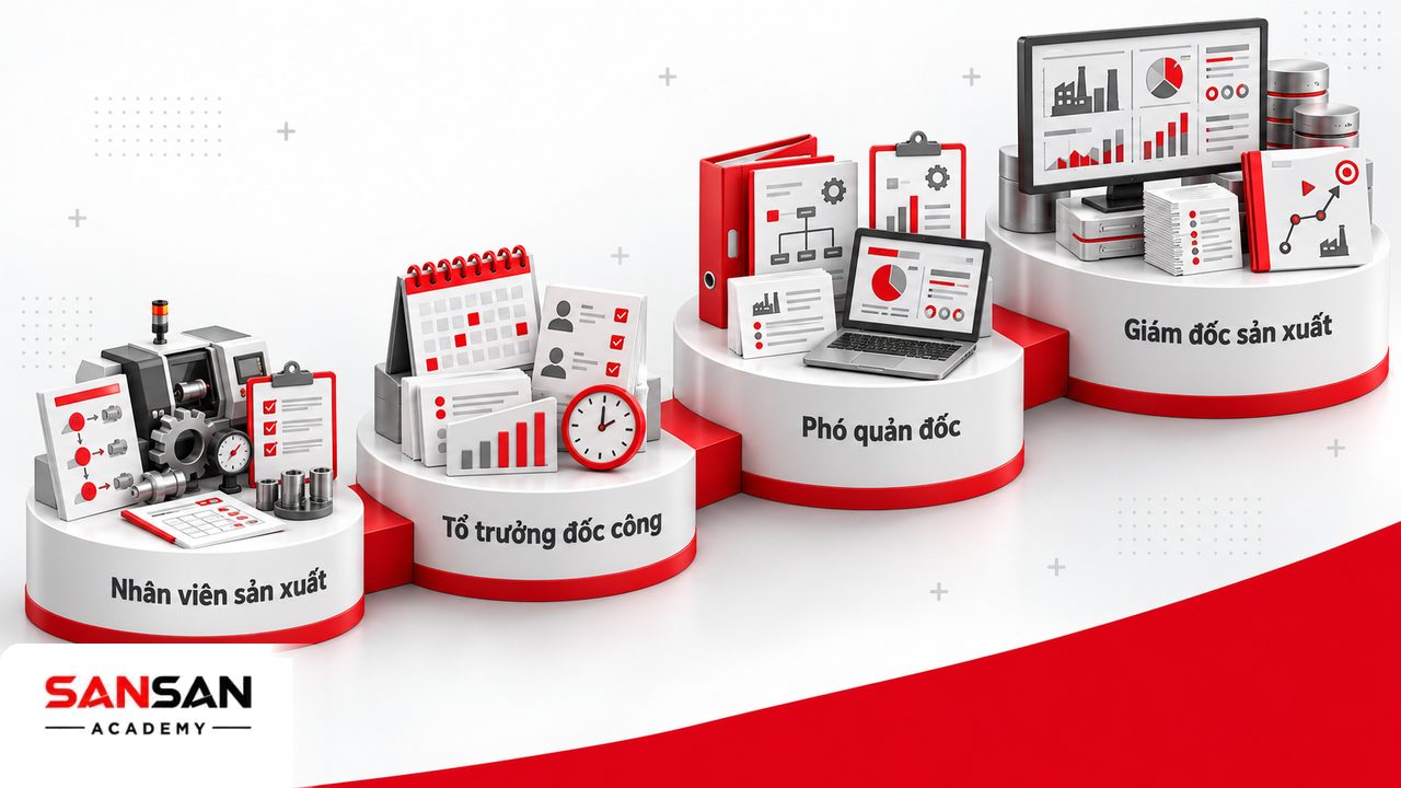 Lộ trình nghề quản đốc từ công nhân kỹ thuật, tổ trưởng hoặc đốc công đến phó quản đốc, quản đốc và giám đốc sản xuất.