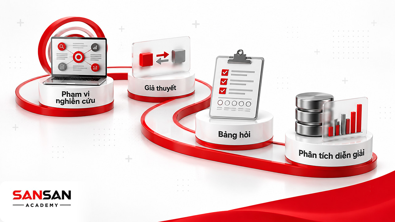 Lộ trình năm mốc áp dụng mô hình TAM trong nghiên cứu từ phạm vi, giả thuyết, bảng hỏi đến phân tích